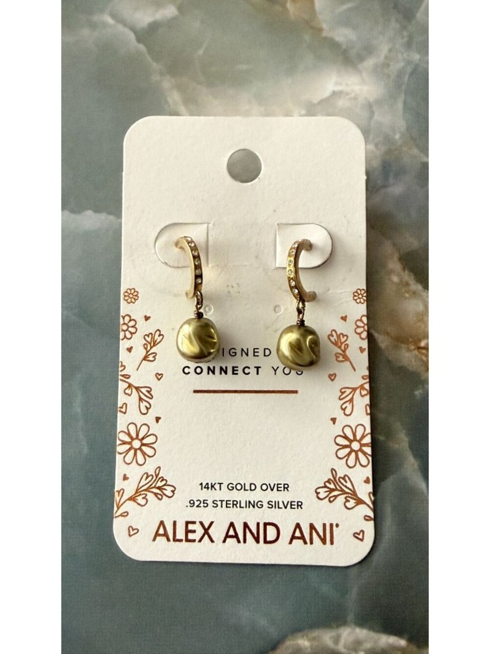 NOC Alex And Ani 14K Gold Sterling Silver Green Pearl Huggie Hoop Earrings